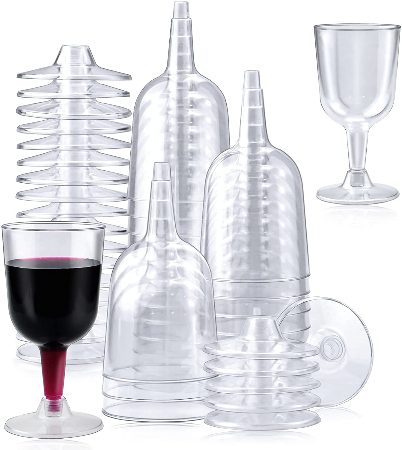 KAHEIGN 50Pcs Plastic Wine Glasses, 170ml Clear Wine Tasting Glasses Reusable Stemmed Party Wine Cups Dessert Cups for Whiskey Champagne Beer Pudding Mousse Party (12 x 6.5cm)