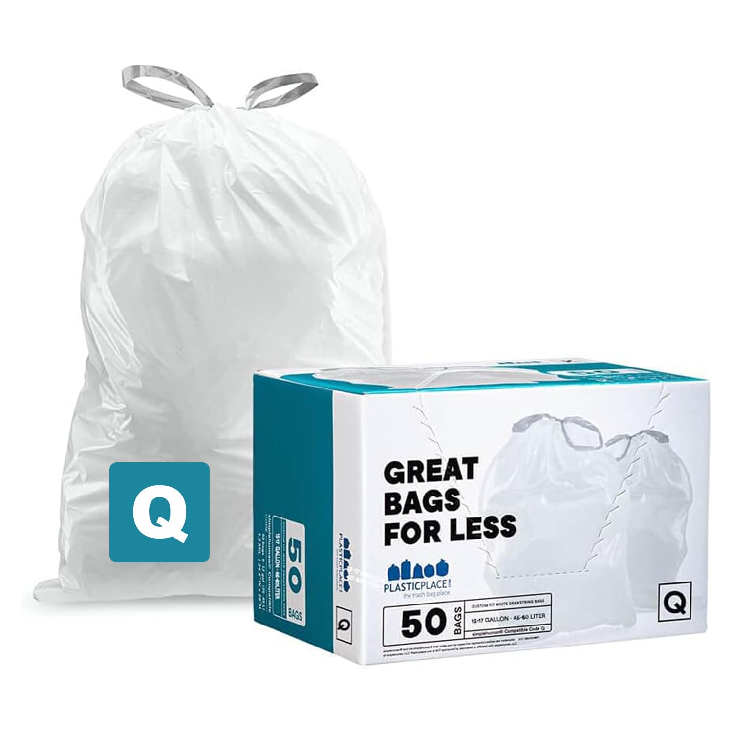 Photo 1 of Plasticplace Custom Fit Trash Bags, Compatible with Simplehuman Code Q (50 Count), 13-17 Gallon Drawstring Garbage Liners, Heavy Duty Tear-Resistant