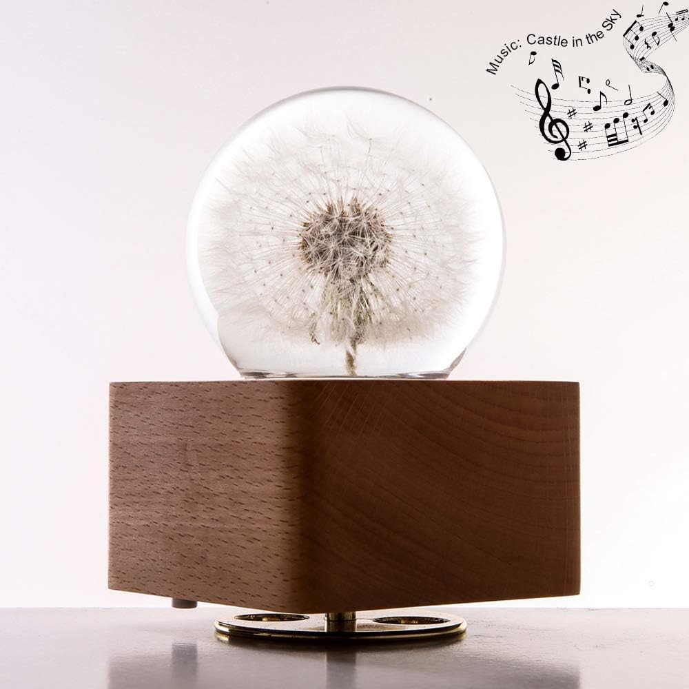 U4GLORY Dandelion Music Box Wooden Music Box Night Light 3D Crystal Ball Music Box Castle in The Sky Gift for Anniversary Wedding Christmas Birthday Valentine's Day