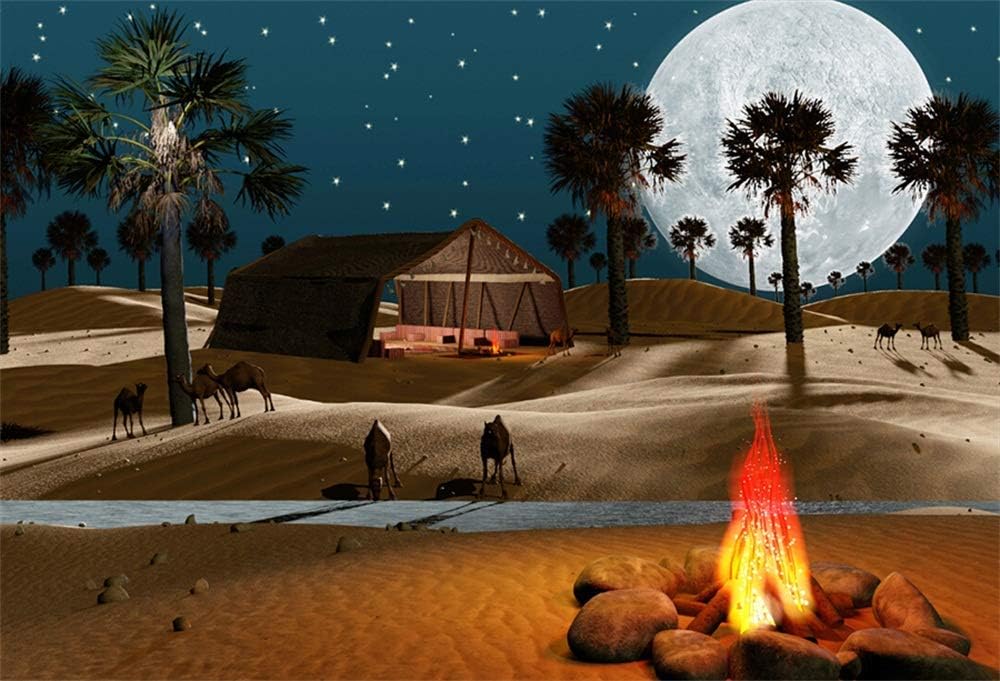 EdCott Sahara Arabian Desert Backdrops for Photography Beautiful Full Moon Night Vision Erg Fire Camp Palm Tree Camel Shanty Tent Photo Background Photo Booth Props