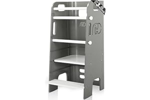 HEYPAPPY Toddler Tower, 3 Levels Adjustable Height Toddlers Standing Tower, Wooden Toddlers Kitchen Stool for Kids with Removable Safety Rail, Closed Back & Anti-Slip Strips