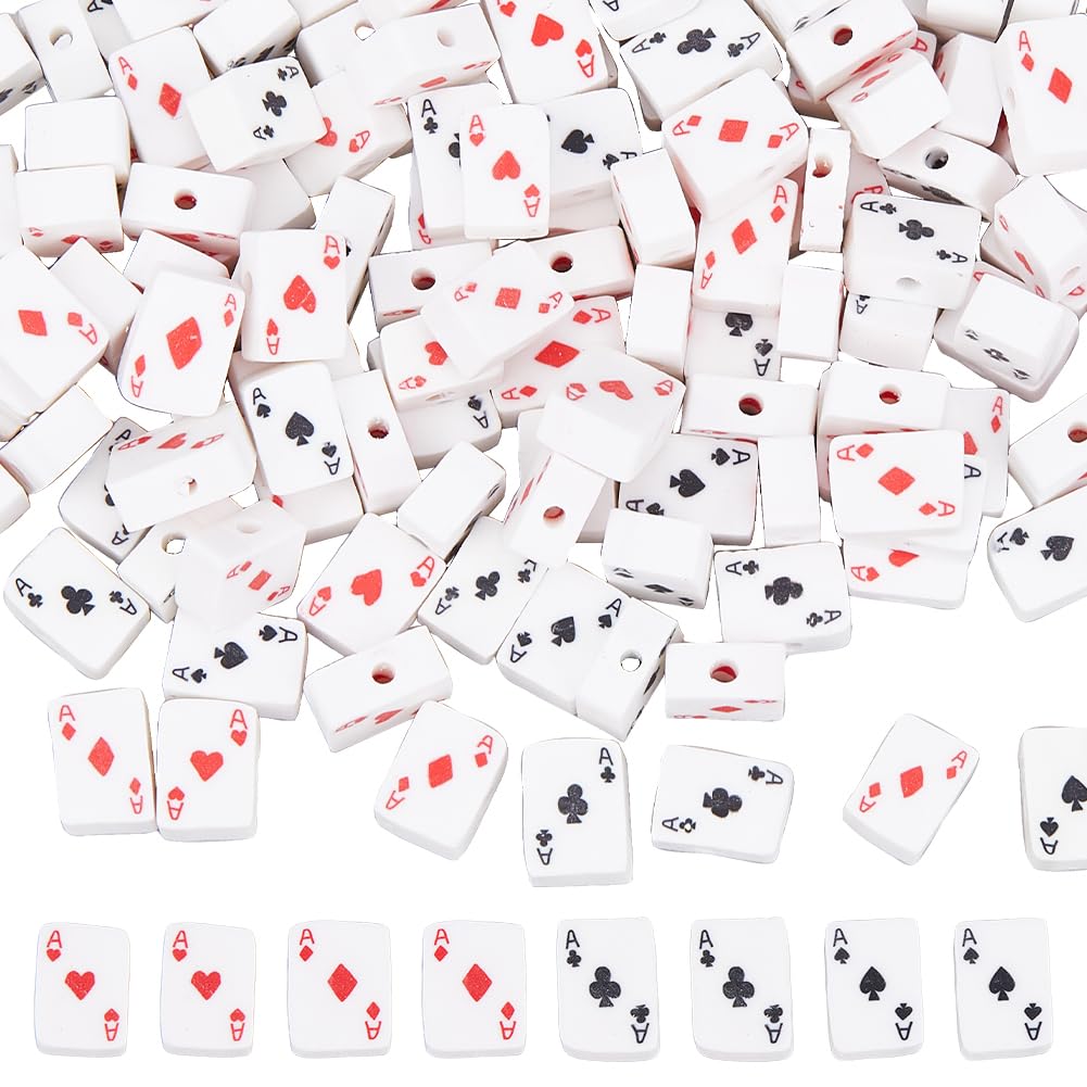 DICOSMETIC 200Pcs Polymer Clay Rectangular Beads, White, Playing Card Pattern, 9mm x 7mm x 4.5mm, Craft Bead