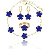 Gold Plated Five Leaf Clover Bracelet Rings and Dangle Earrings Set for Women Lucky Flower Jewelry