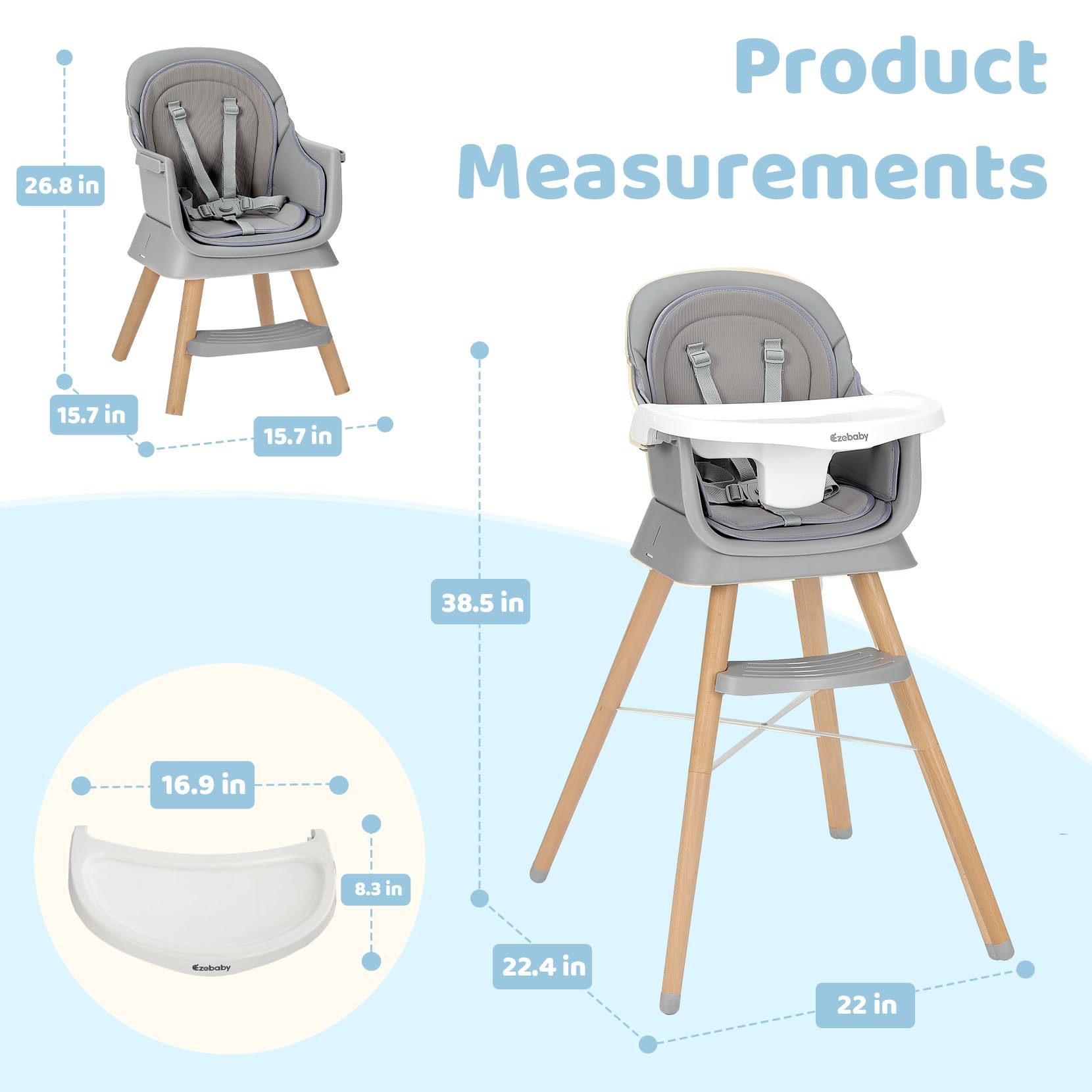Ezebaby 6 in 1 Wooden High Chairs for Babies and Toddlers, Convertible Portable High Chair, Booster Seat for Dining Table,Toddlers Chair with Adjustable Legs & Dishwasher Safe Tray