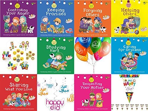 Akhlaaq Series Ultimate Eid Goody Gift Pack: 8 Akhlaaq series books based on Islamic Manners, Eid Mubarak Happy Eid Swirls, Eid Flags, Eid Balloons & Goody Bag