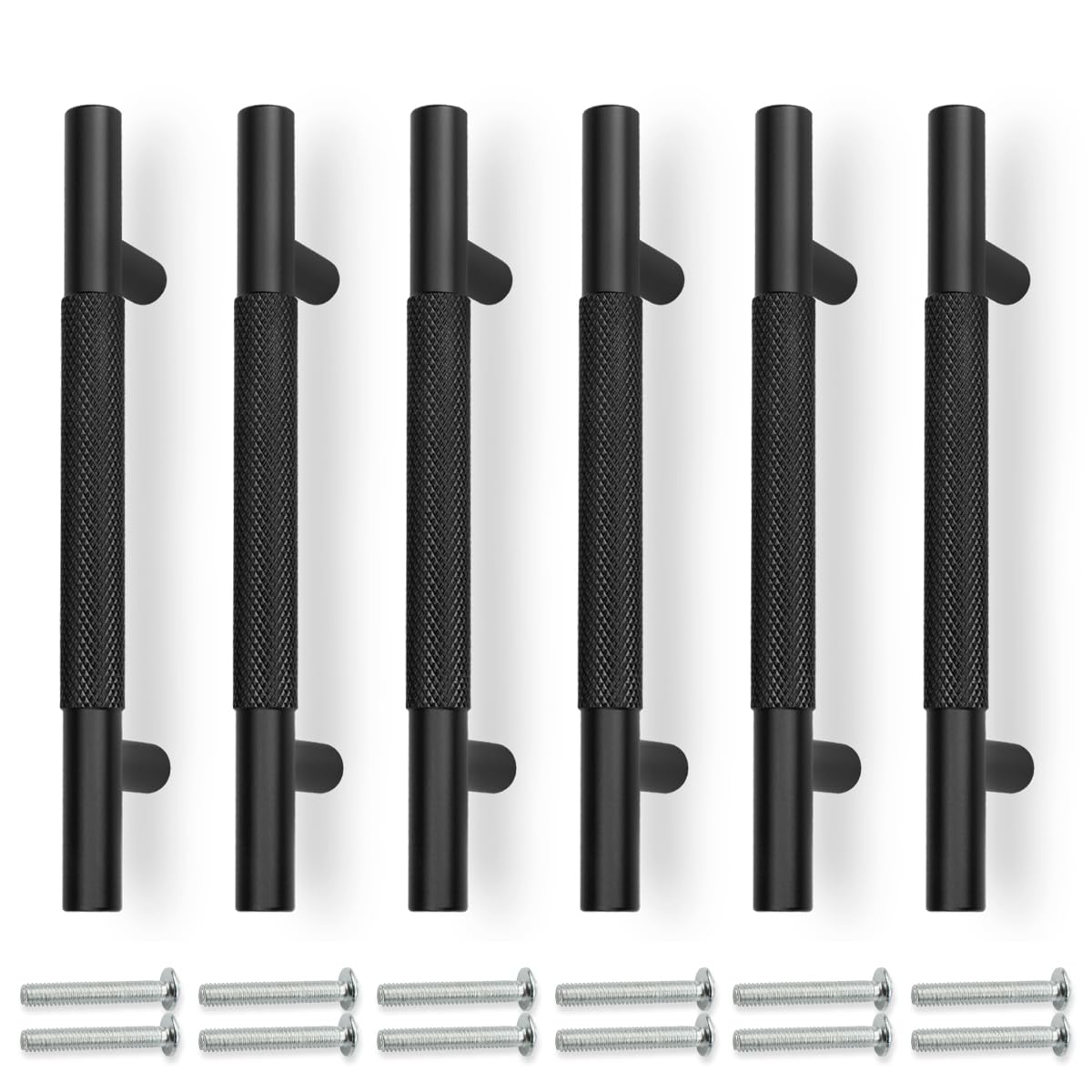 Bwintech 6 Pack Black 181MM Knurled Cupboard Handles, 128MM Hole Centers Furniture Drawer Pulls Cupboard Knobs Cabinet Handles