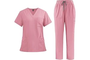 FURUNDLY Scrubs for Women Medical Workwear V-Neck Scrub Top and Jogger Pants Stretch Nursing Uniform Scrub Suit