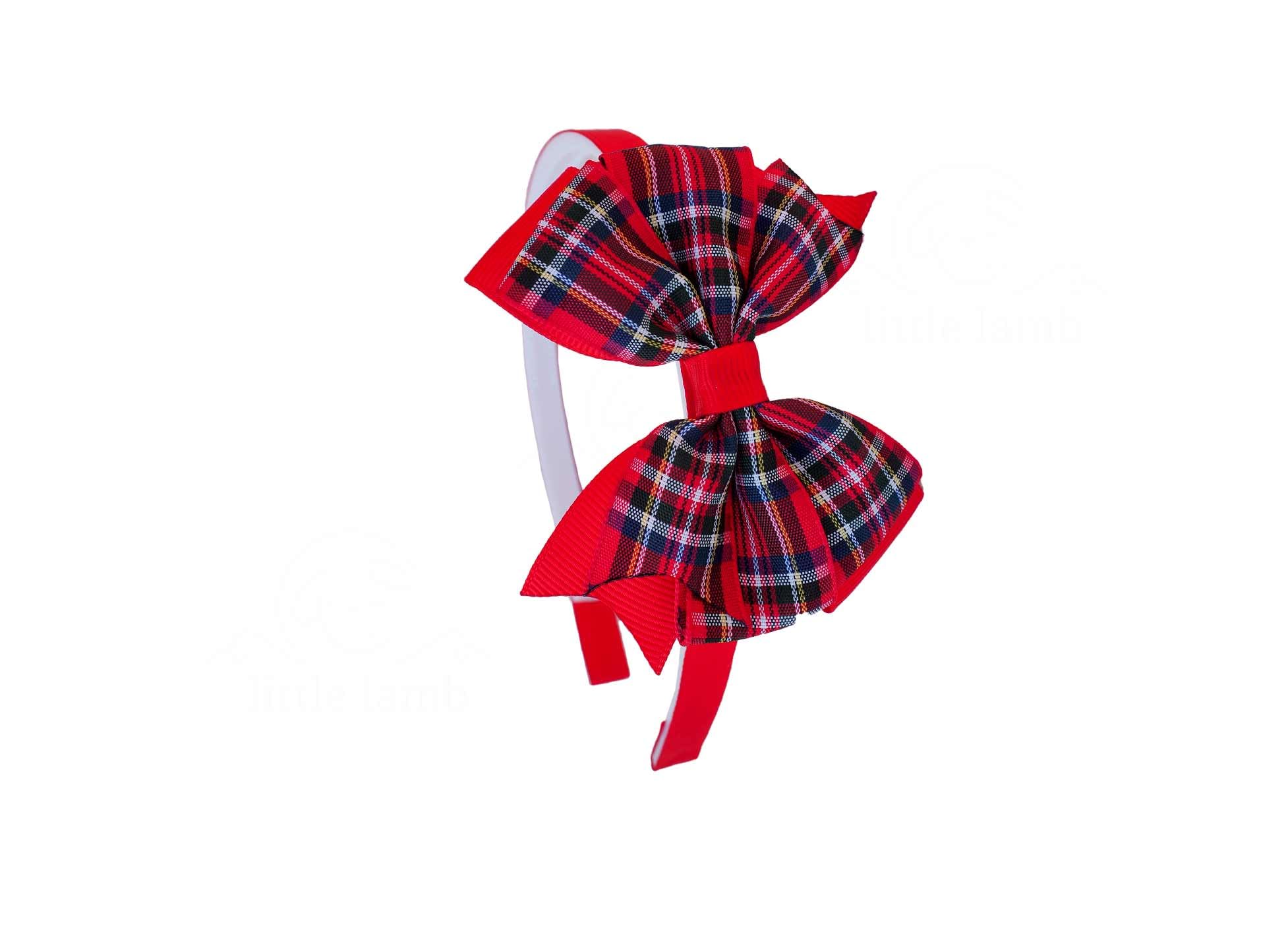 MeiMei Tartan Burns Night Christmas Xmas Hair Bow with Grip Headband Headwear Hairwear, Red Green Navy, Handmade Hair Accessories, Highland Party Bows (Tartan 1, Double PW25, GPHB)