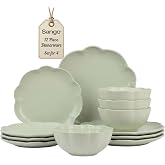 Sango 12 Pieces Scalloped Dinnerware Set, Sage Green Dishes for 4, Premium Serving Plates &amp; Bowls Sets, Chip Resistant, Ceramic Dishware, Kitchen Dish, Microwave &amp; Dishwasher Safe, Bethany