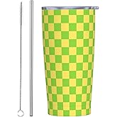 FEYAMYUN Green Yellow Checkered 20oz Tumbler, Checkerboard Grid Stainless Steel Travel Coffee Mug Water Bottle Lid, Buffalo Check Plaid Double Wall Vacuum Insulated Coffee Cup for Ice Hot Cold Drinks