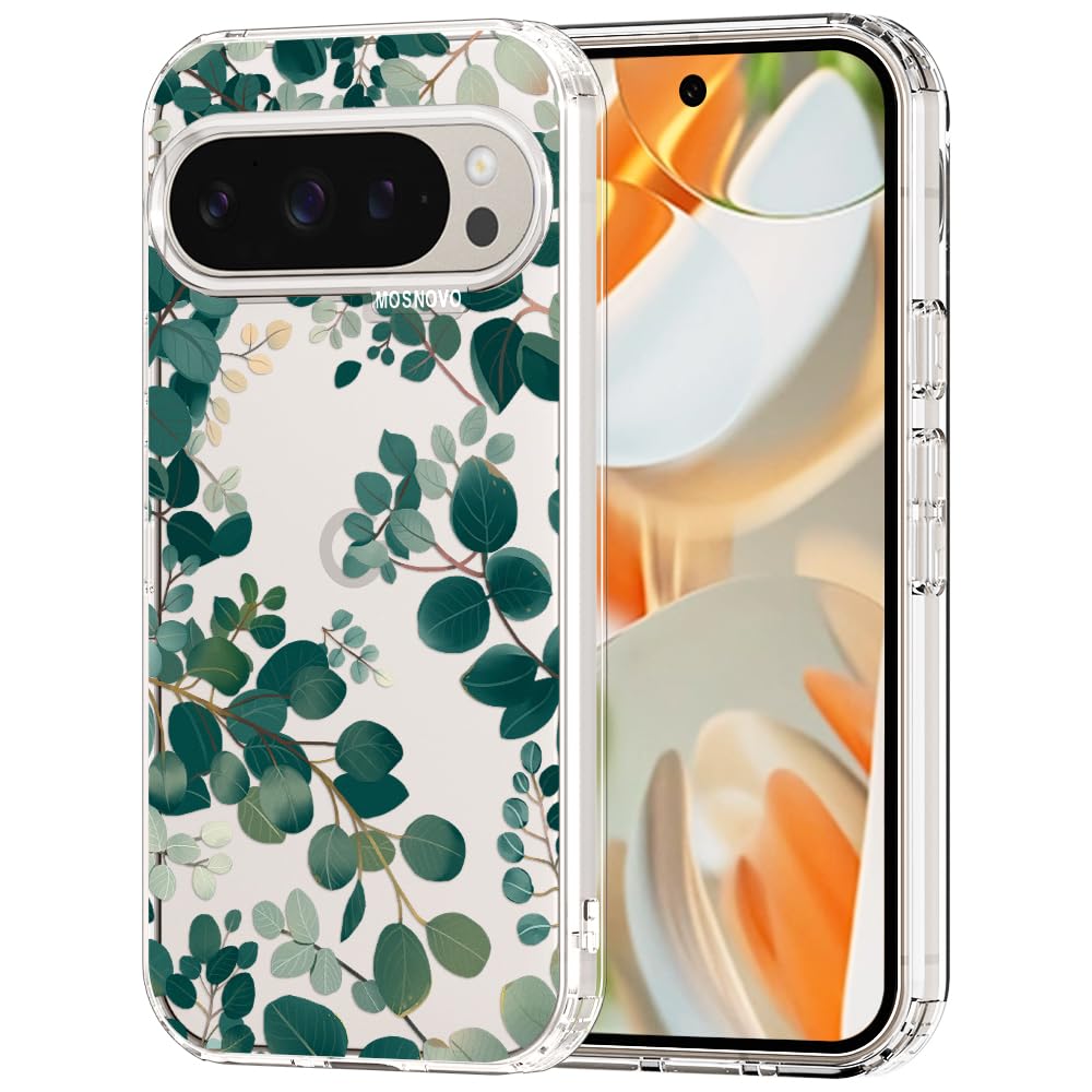 MOSNOVO Case for Google Pixel 9 Pro XL, [Buffertech 6.6ft Military-Grade Drop Protection] [Anti Peel Off Tech] Clear TPU Bumper Phone Case Cover Design - Eucalyptus