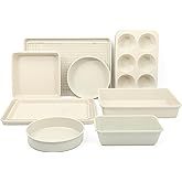 Martha Stewart Gallen 10 Piece Baking Pans Ceramic PFA Free Non Toxic Non Stick Bakeware Set - Linen White