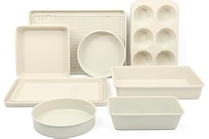 Martha Stewart Gallen 10 Piece Baking Pans Ceramic PFA Free Non Toxic Non Stick Bakeware Set - Linen...