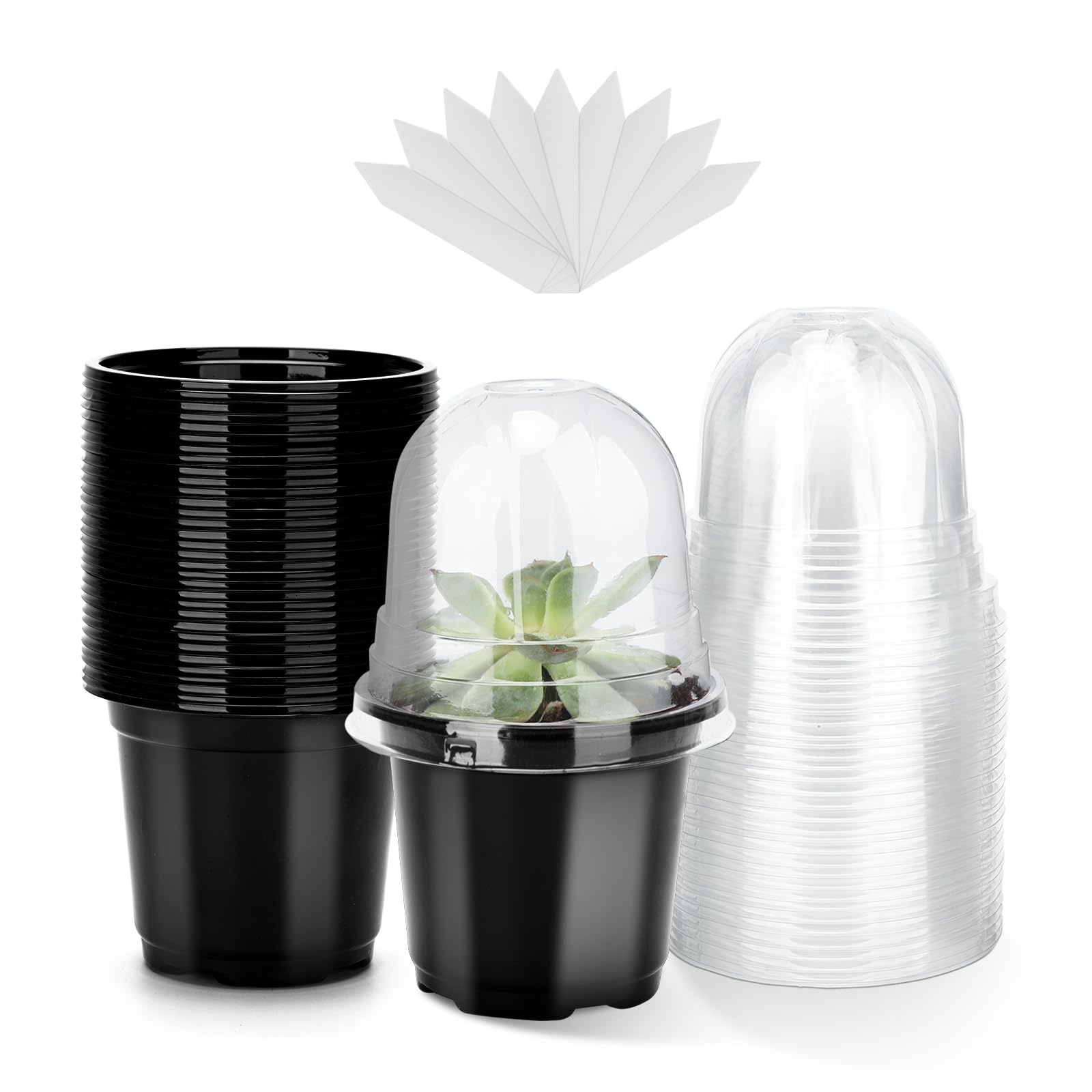 KINGLAKE 32 Pcs 10cm Black Plastic Plant Pots with Humidity Dome, Small Plant Flower Pots Nursery Seedling Pots for Seed, Cuttings, Succulents and 10 Pcs Plant Labels