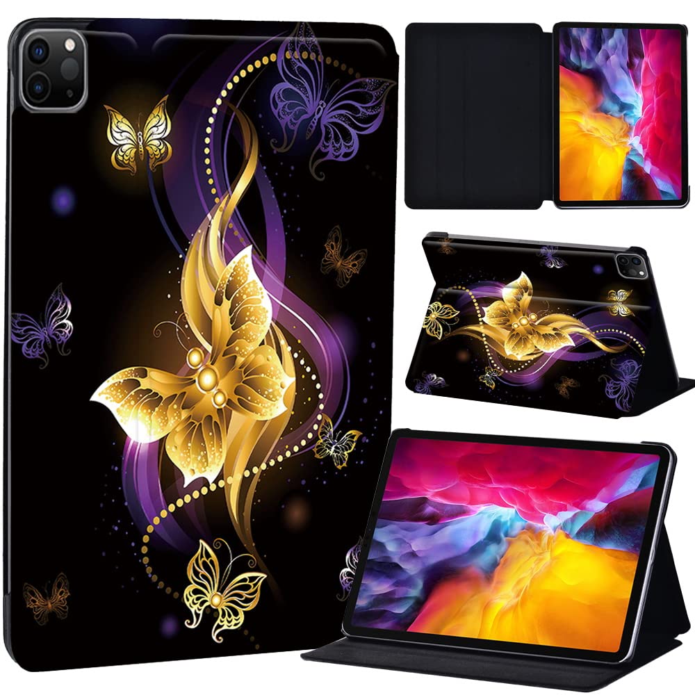 PU Leather + hard shell Ultra slim lightweight Folio Flip Tablet Stand Smart Cover Case Fit iPad Air 4 10.9" (2020) / iPad Pro 11" (2018 2020 2021) (golden butterfly)