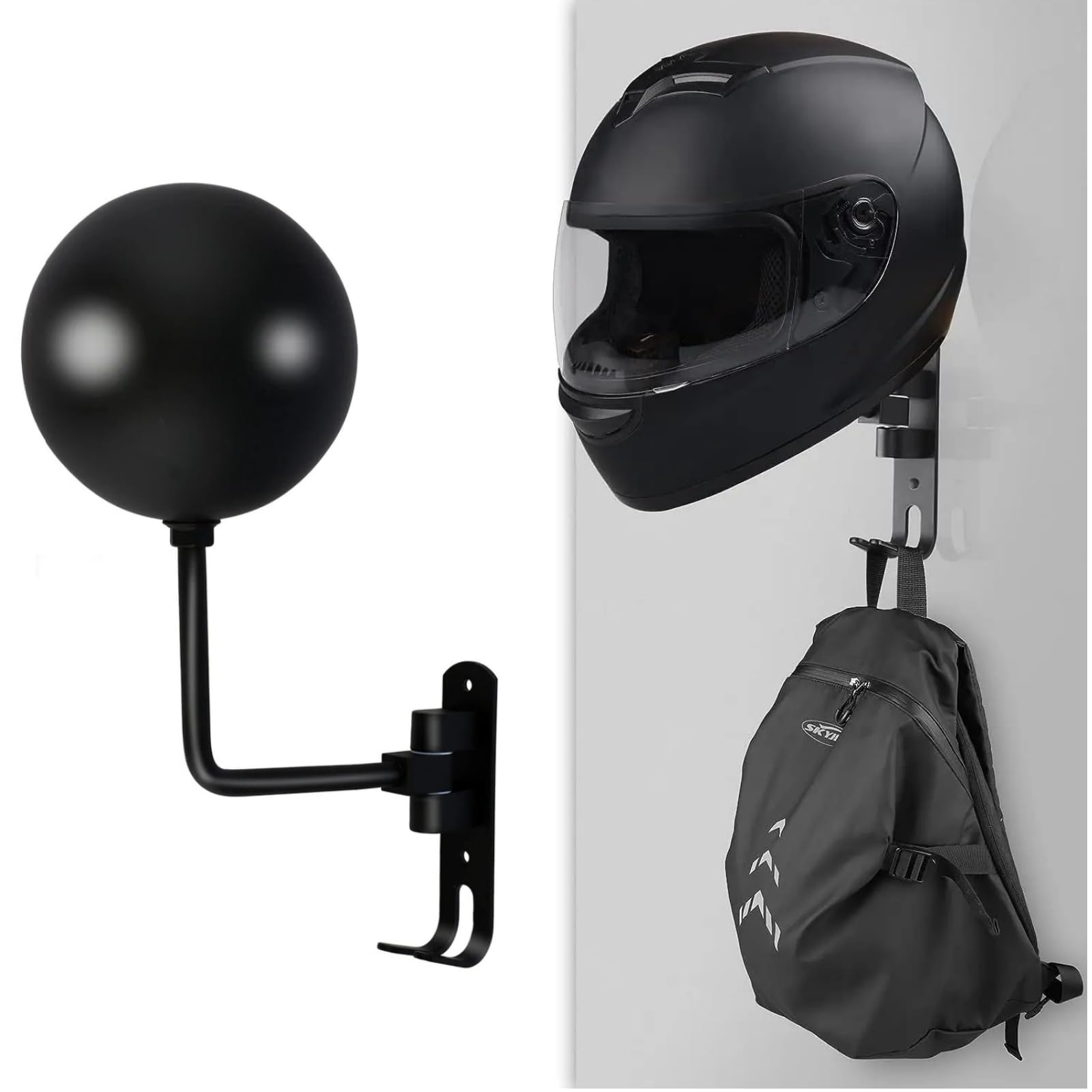 Motorcycle Helmet Stand,Wall Mount Rotatable Helmet Display Storage Rack,Can Hang Baseballs Rugby bicycle Caps bag Keys and Coats.