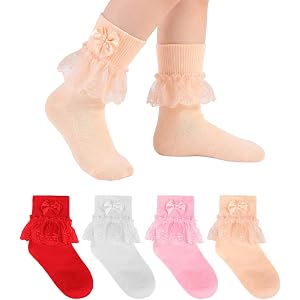 QHANSHIEE Girls Ruffle Socks Toddler Girl Frilly Lace Dress Socks Bow Ruffled Lace Socks for Girls Toddler Baby Kids