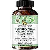 Organic Veda Turmeric Neem Chlorophyll, Glowing Clear Skin, Acne Supplement, Gut Health & Total Body Cleanse - Greens Antioxidants, Spirulina, Chlorella, Moringa, Vitamin C & Zinc - 60 Capsules