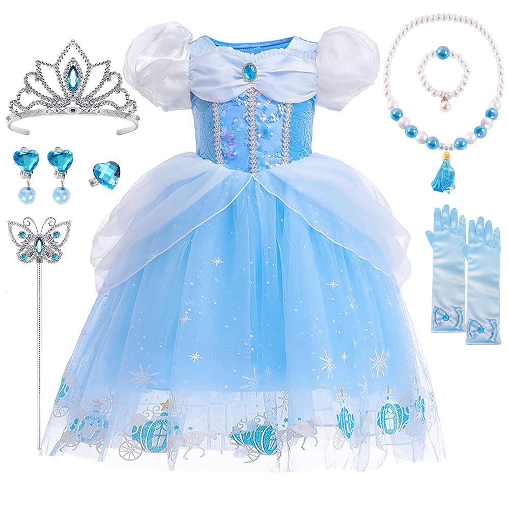 Princess Costumes for Girls, Cinderella Dress Up for Girls with Crown Fairy Wand Necklace Sets, Cinderella Princess Dress Long Skirt, Kids Fancy Dress for Carnival Party Bridesmaid Cosplay (A, 130)