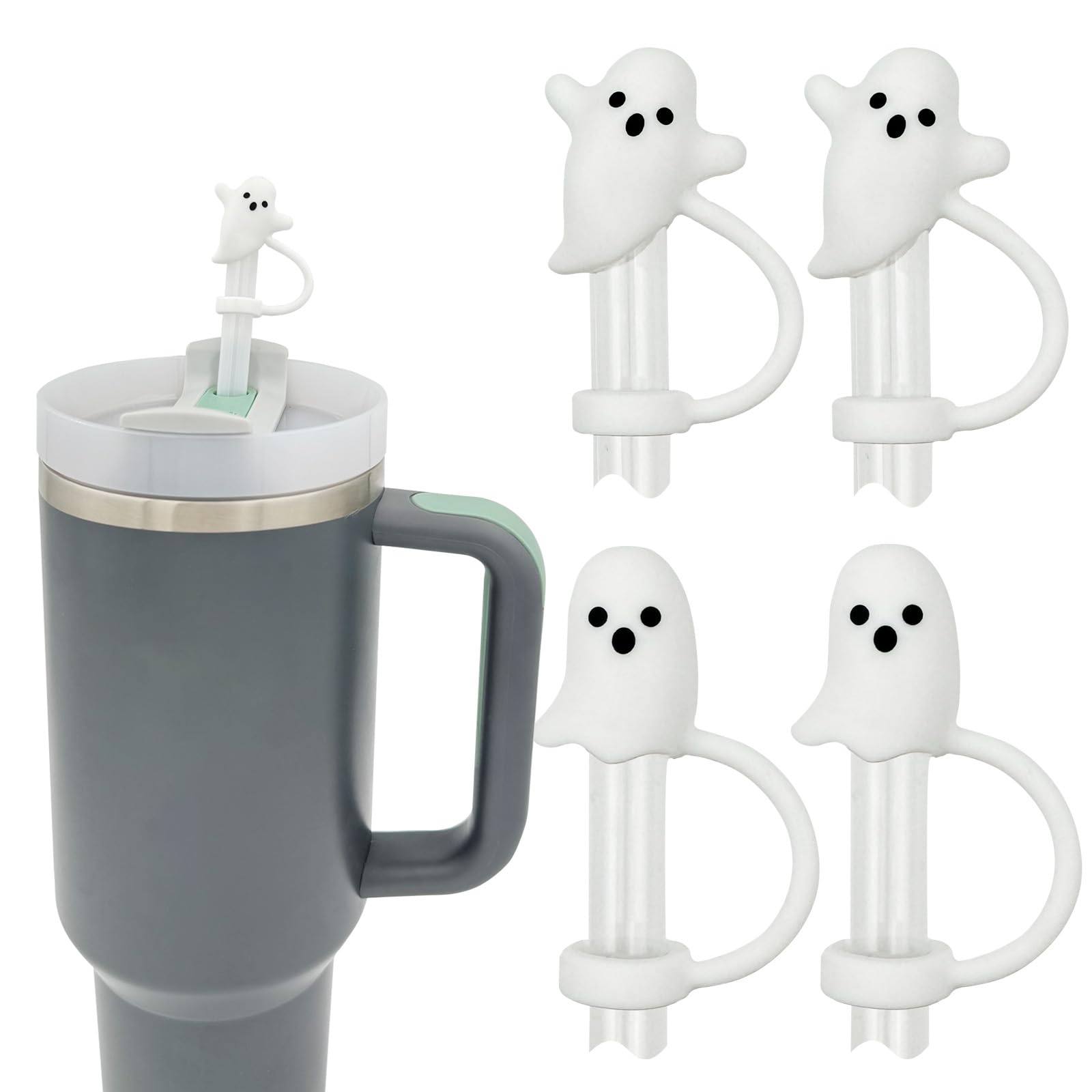 Photo 1 of LUOLAO Cute Ghost Straw Covers Cap Compatible with Stanley Cup 30 40 oz, 4PCS Silicone Reusable Drinking Straw Topper, Funny Tumbler Accessories Halloween Decorations Gifts Boo Basket Items Essentials