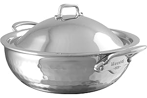 Mauviel M'Elite 5-Ply Hammered Polished Stainless Steel Chef Pan with Dome Lid, and Cast Stainless Steel Handles, 3.3-qt, Mad