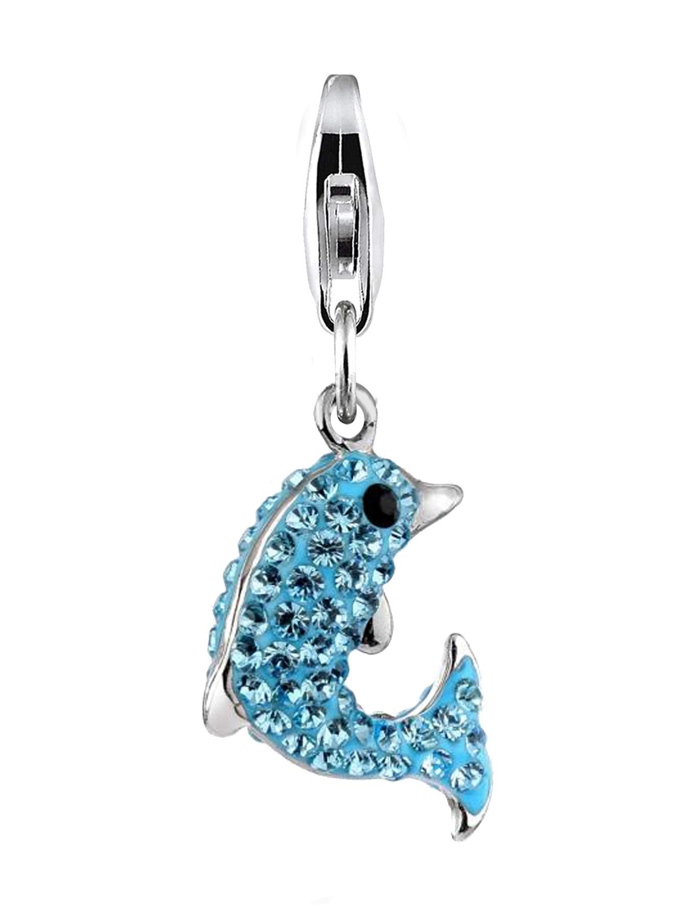 Nenalina Charm Dolphin Pendant, with Blue Crystals, for All Brands of Charm Bracelets and Necklaces, Made of 925 Sterling Silver, 716173-015