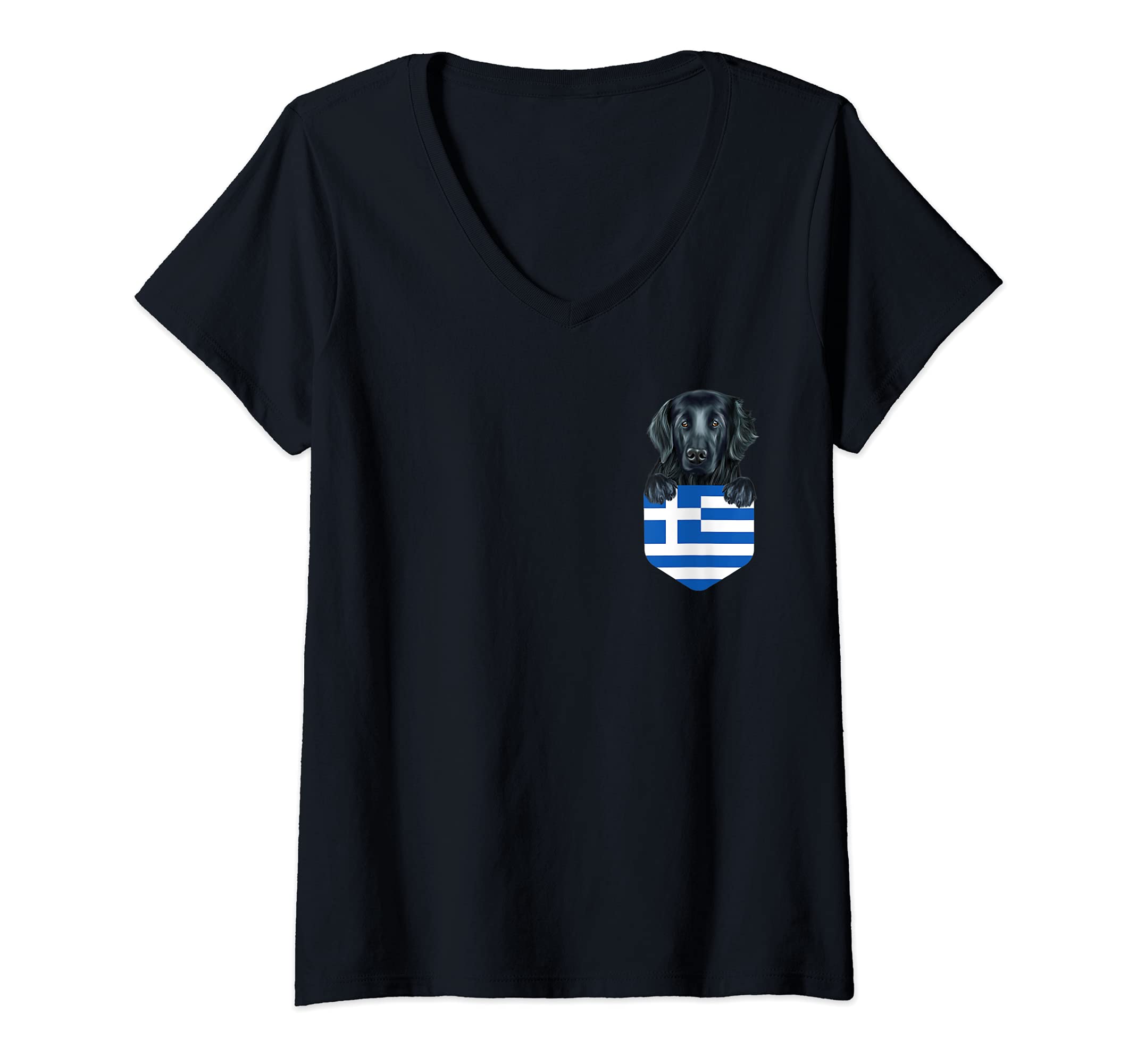 Womens Greece Flag Flat-Coated Retriever Dog In Pocket V-Neck T-Shirt