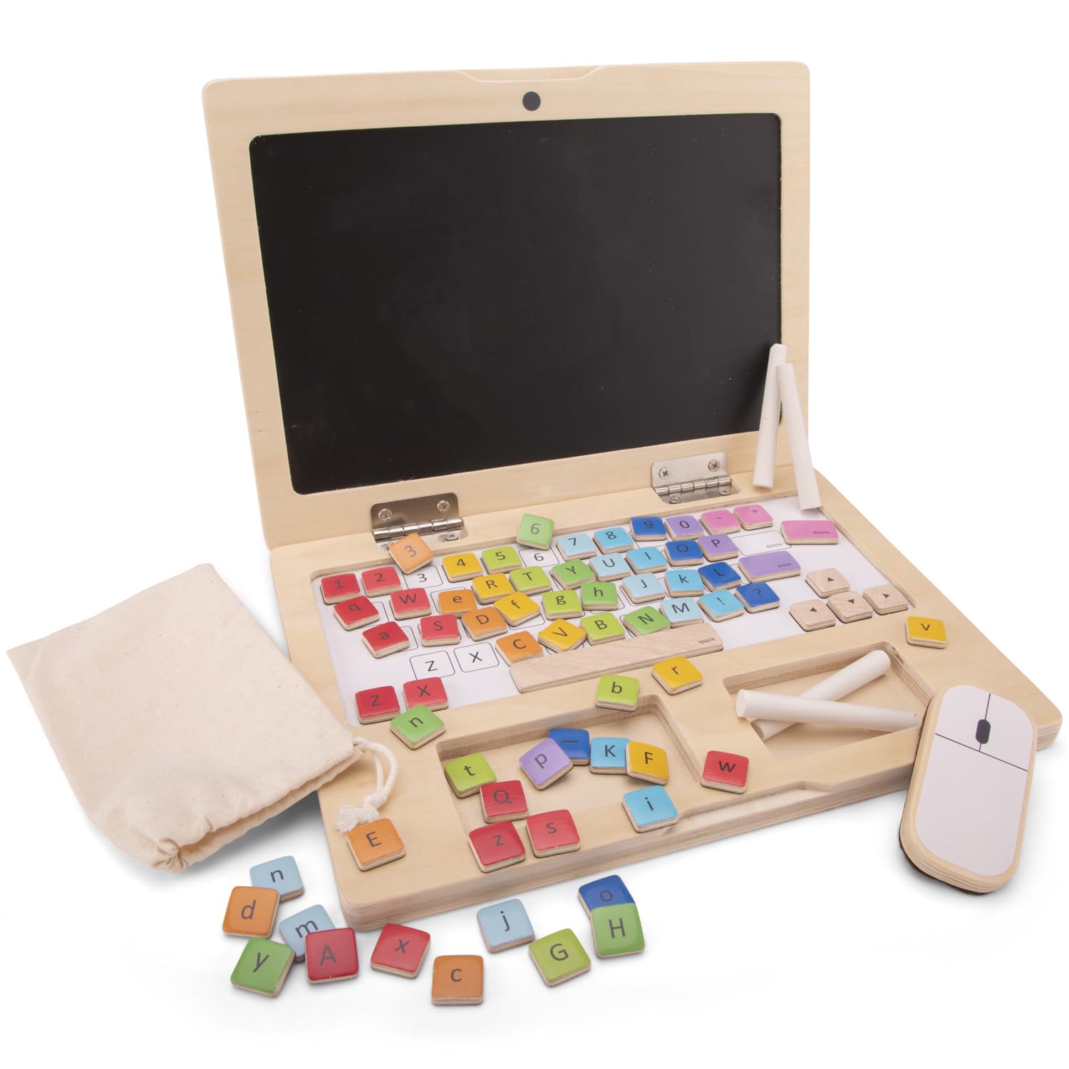 Woet® Wooden Toy Laptop for Kids - Pretend Play Learning Toy - Letters, Numbers and Shapes - Age 2 Years+