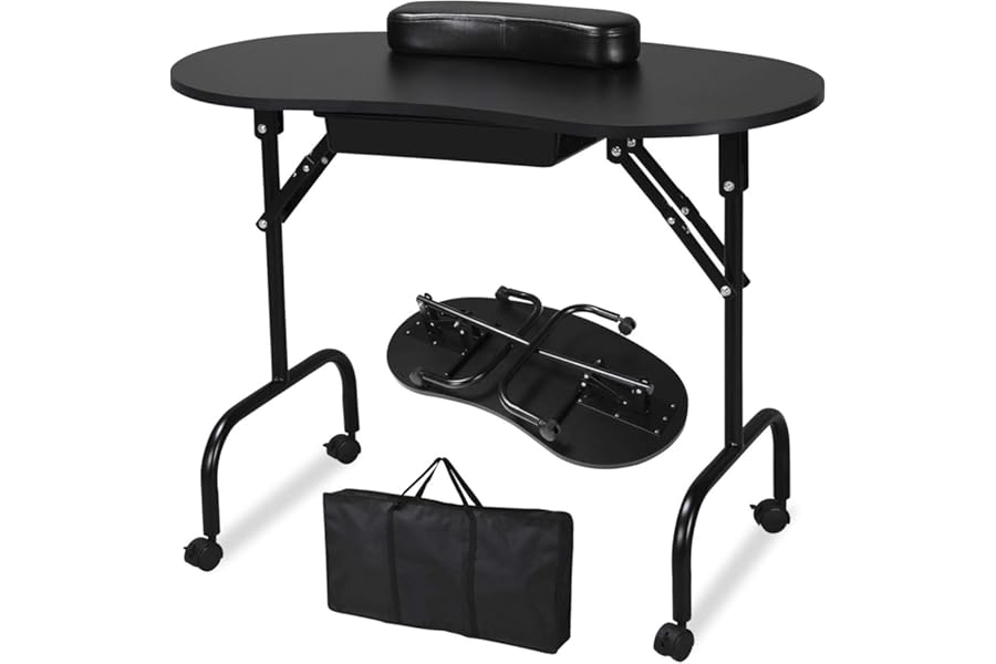 Yaheetech 37-inch Portable & Foldable Manicure Table Nail Desk Workstation with Large Drawer/Client Wrist Pad/Controllable Wheels/Carrying Case for Spa Beauty Salon Black