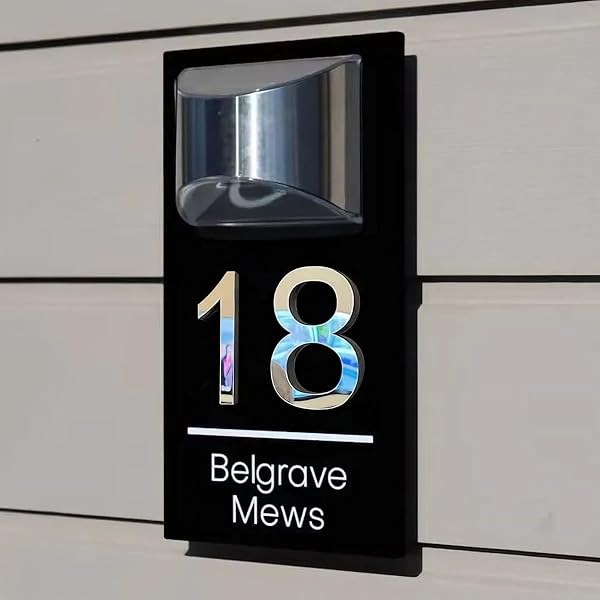 Personalised Solar House Number Plaque - Modern Laser Cut Acrylic Sign With LED Light