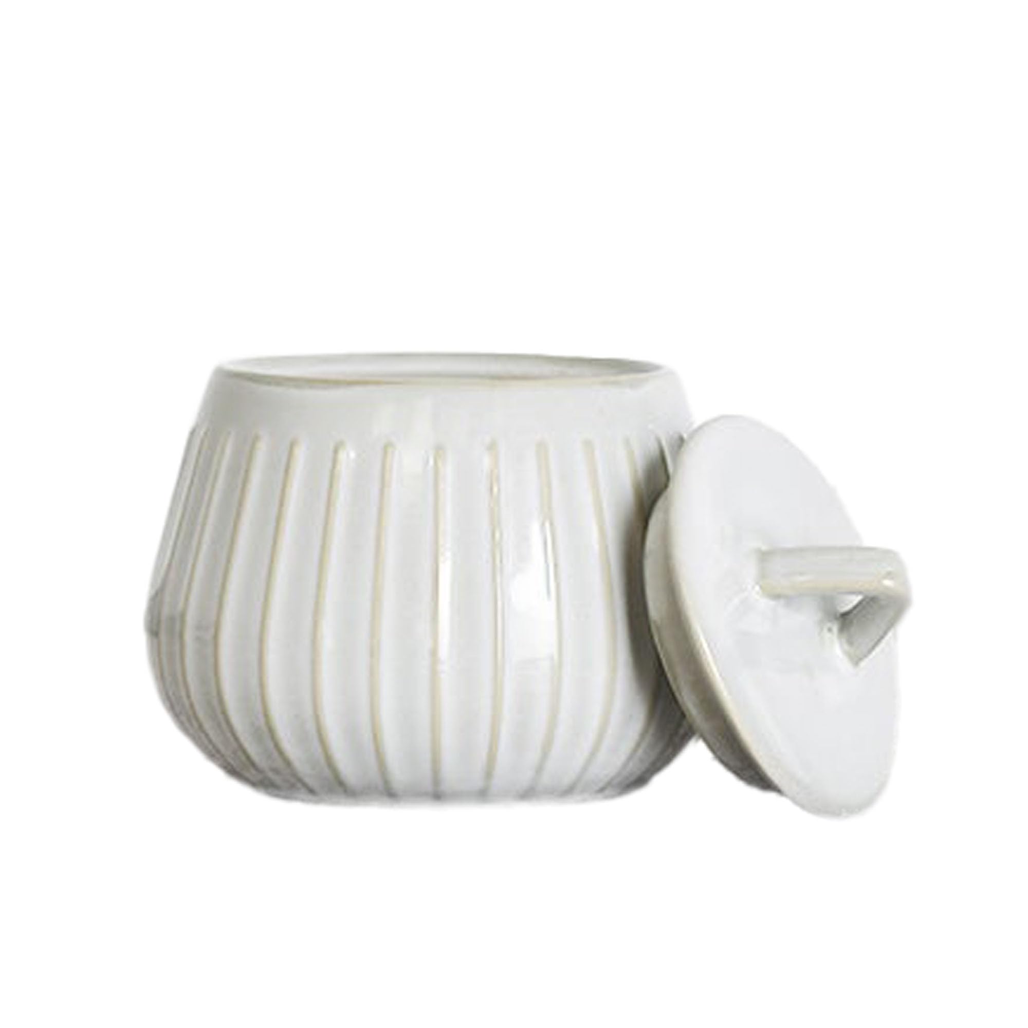 Photo 1 of 100 North PD Home & Garden Decorative and Functional Décor 3 Inch Ceramic Storage Jar With Lid, White Glazed, Lined Design