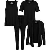 Live2Lounge Women's 4-Piece Pajama Set, Soft Hacci Knit Loungewear, Short Sleeve T-Shirt, Tank Top, Cardigan & Jogger Pants