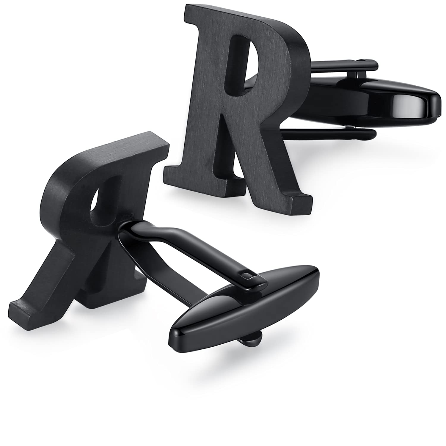HONEY BEAR Mens Initial Alphabet Letter Cufflinks,Stainless Steel for Wedding Formal Business Gift (R-Black)