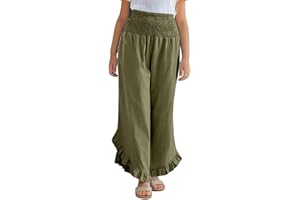 Teens Girls Palazzo Pants Linen Ruffled Trousers Lightweight Flowy Stretchy Wide Leg Pant Oversized Athletic