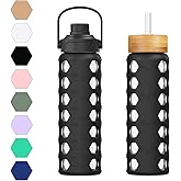 MUKOKO 24oz Glass Water Bottle with 2 Lids-Handle Flip Lid&Bamboo Straw Lid,Motivational Water Tumbler with Time Marker Reminder and Silicone Sleeve, Leakproof-Black