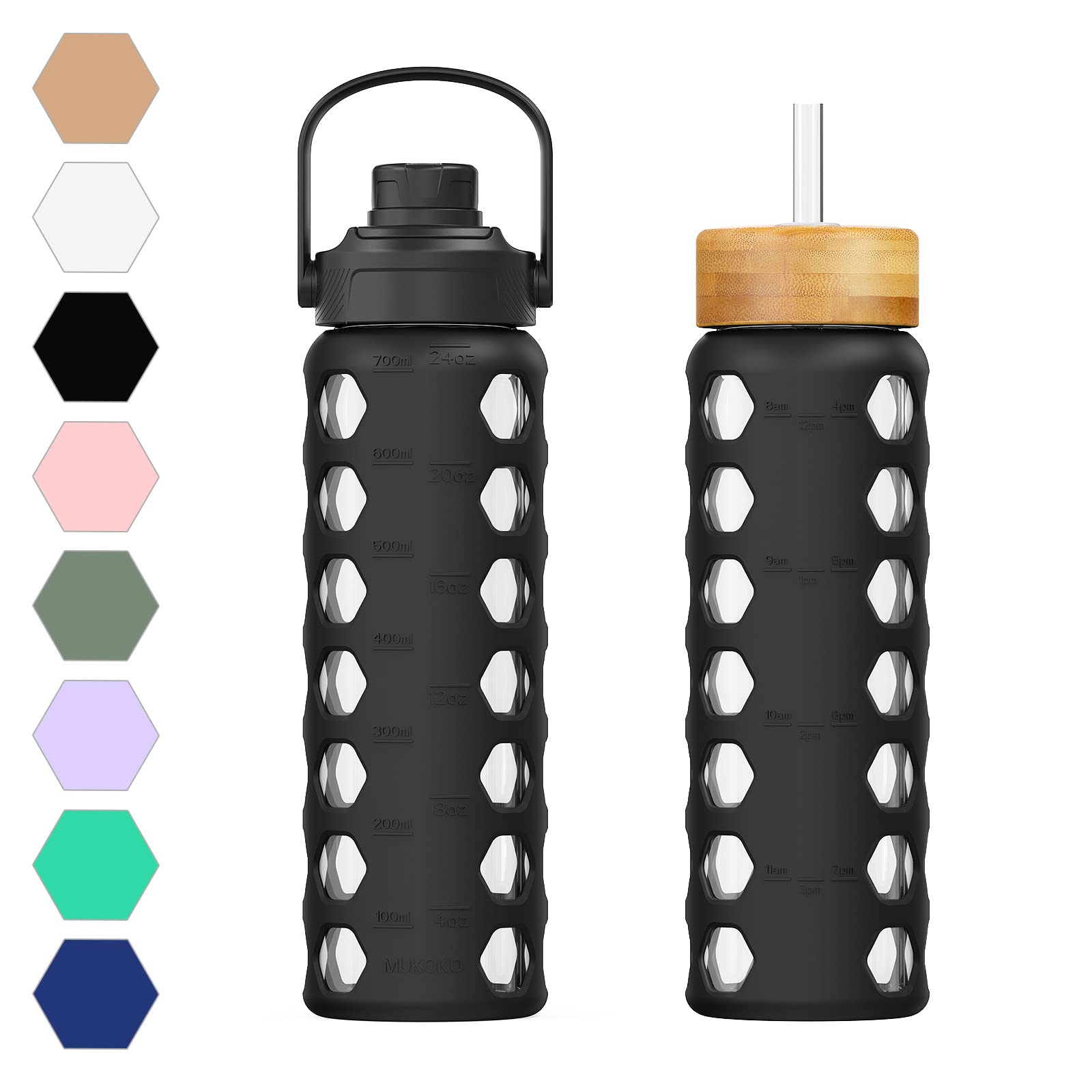 Photo 1 of MUKOKO 24oz Glass Water Bottle with 2 Lids-Handle Flip Lid&Bamboo Straw Lid,Motivational Water Tumbler with Time Marker Reminder and Silicone Sleeve, Leakproof-Black