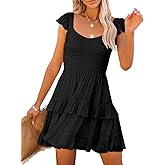 Women Summer Dresses Casual Boho Smocked Ruffle Sun Beach Babydoll Mini Dress Layered Flowy Swing Dress