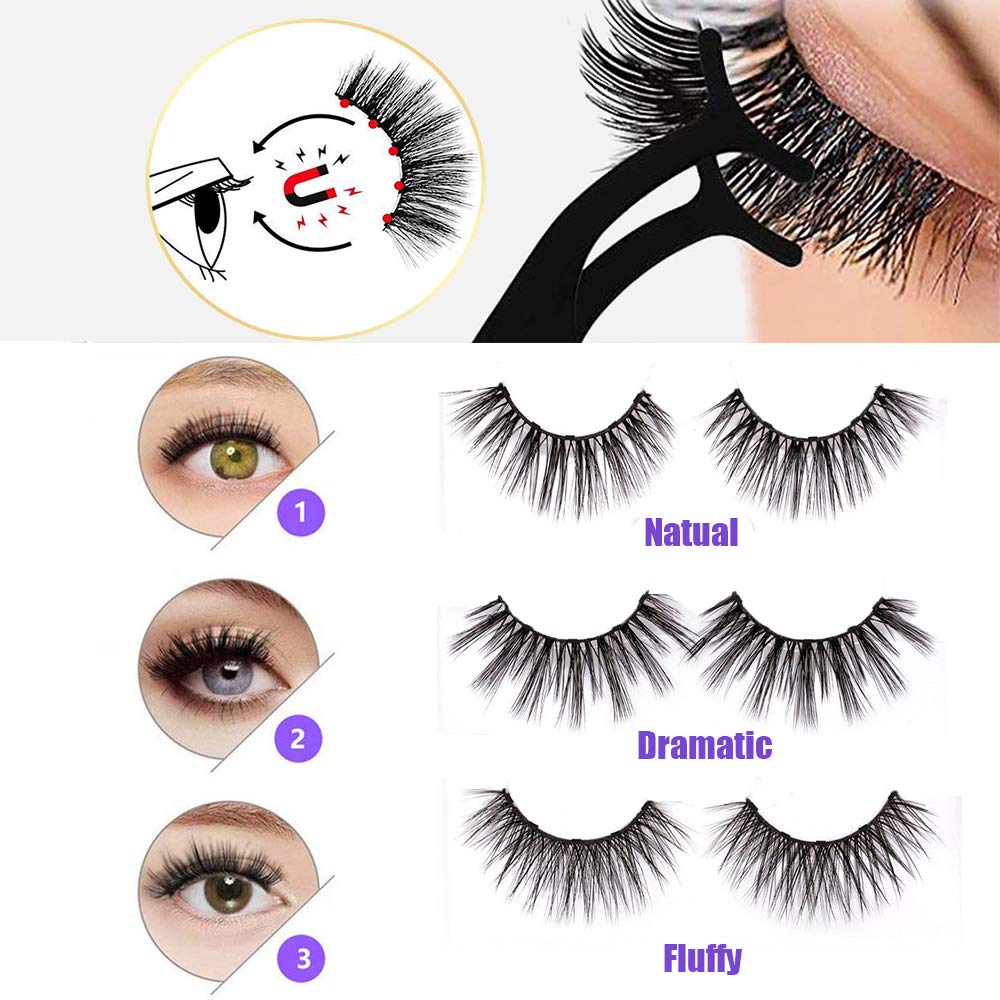 Upgradeded Magnetic Eyelashes and Eyeliner Kit,3 Pairs Reusable Ultra Thin 3D False Eyelashes with Tweezers|No glue