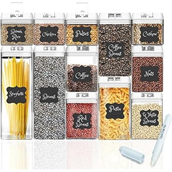 Shazo Airtight Container Set for Food Storage - 12 PC Set + Measuring Cup + 18 Labels & Marker - Strong Heavy Duty Plastic - BPA Free - Airtight Storage Clear Plastic w/White Interchangeable