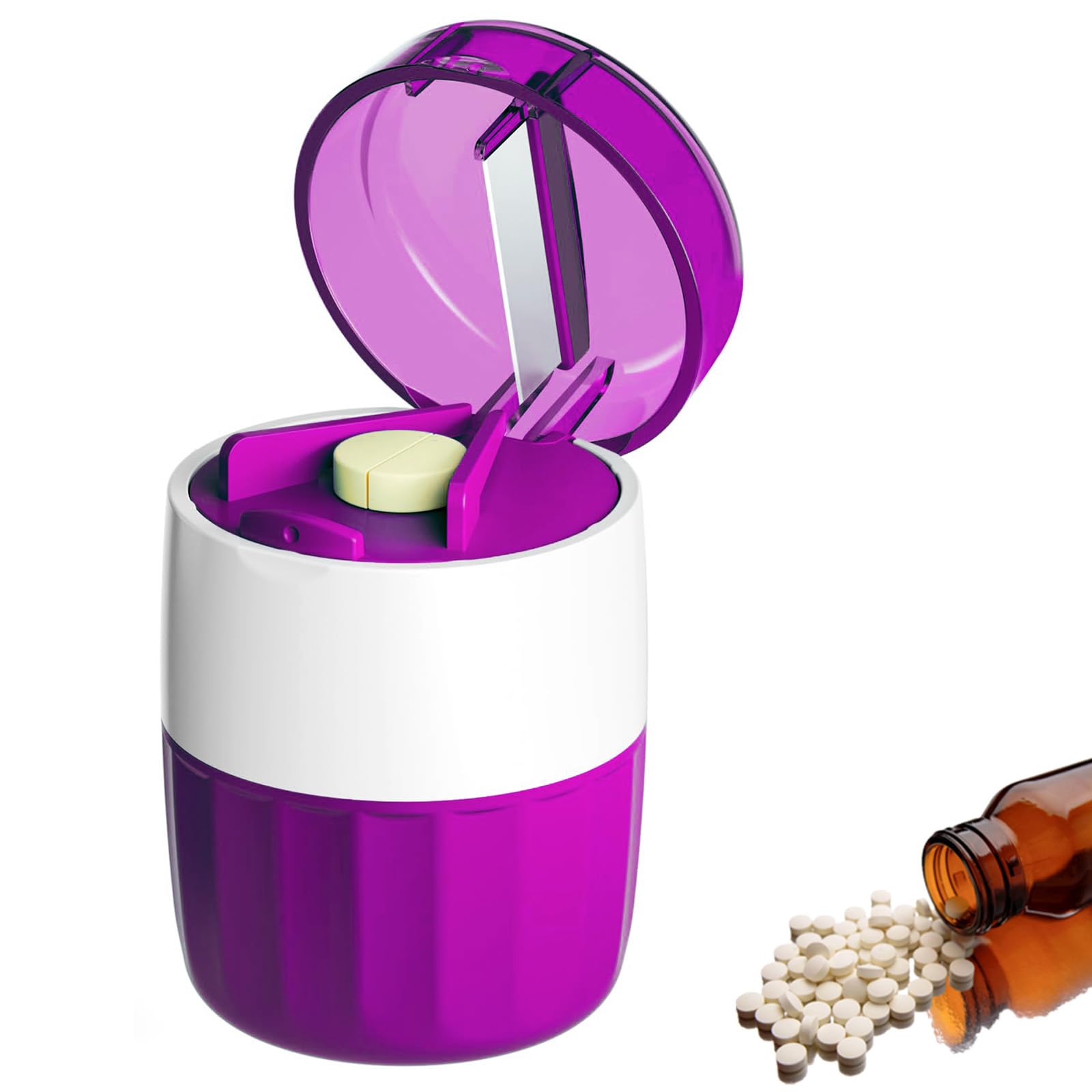 Pill Cutter Splitter for Small and Tiny Pills Vitamins Tablets, Built-in Storage Compartment, Pill Crusher Fine Powder with Stainless Steel Grinding Head,Pills Grinder with Pill Box Organizer (Purple)