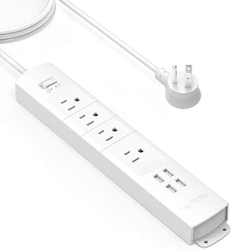 Trond Power Bar Surge Protector With 4 Usb Ports 4 Ac Outlets Flat Plug Power Strip 6ft Long Extension Cord 1440 Joules Surge Protection Wall Mount For Workbench Nightstand Dresser Office White