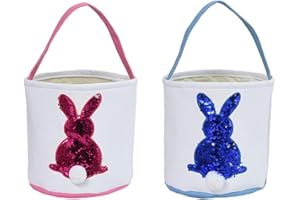 Alaiyaky 2Pcs Easter Basket Canvas Bunny Basket Egg Bags Rabbit Fluffy Tails Party Celebrate Decoration Gift Carry Bucket Tot