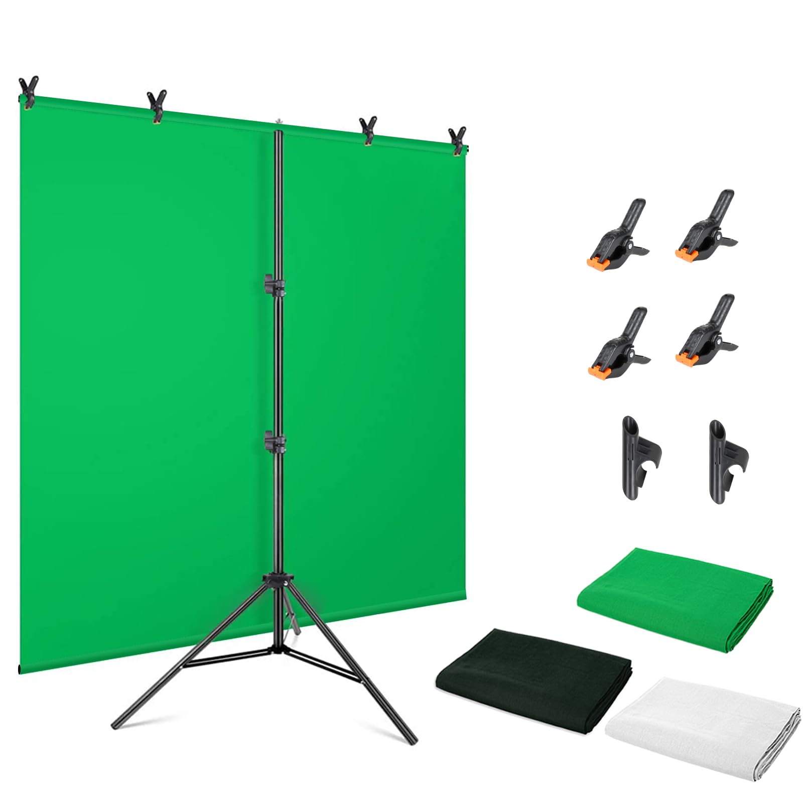 Green Screen Background with Stand 5x6.5FT,White Black Green Photography Backdrop Stand Kit for Live Streaming, Video Shooting,Zoom Meeting,Gaming (1.5x2M)
