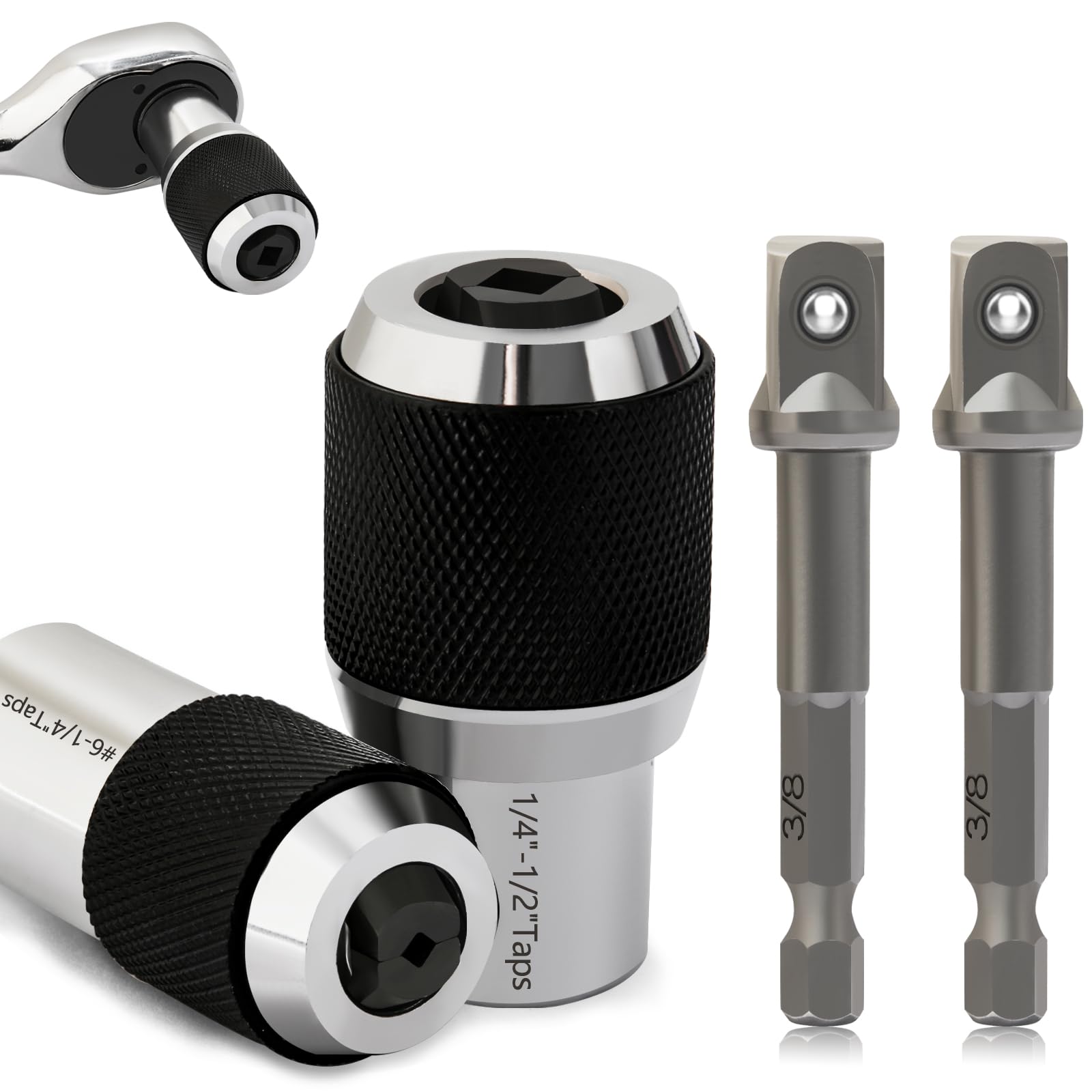 CYLBAQ Tap Socket Set 3/8" Drive Tap Extractor Tool with Adjustable Jaws Fit #6 to 1/2" Taps, Tap Sockets with Hex Shank Bit Driver Socket Adapter/Extension Bar for Taps,Reamers,Screw Extractors