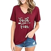 Women Cross Faith T Shirts for Women V-Neck Graphic Tees Letter Printed T-Shirt Christian Tee Shirt
