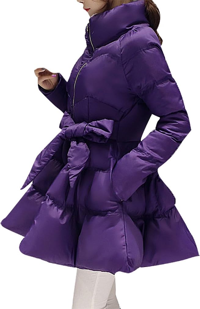 BLady Women's 1 Color Quilted Bow Tie Belt Funnel Neck Dress Like Down Parka