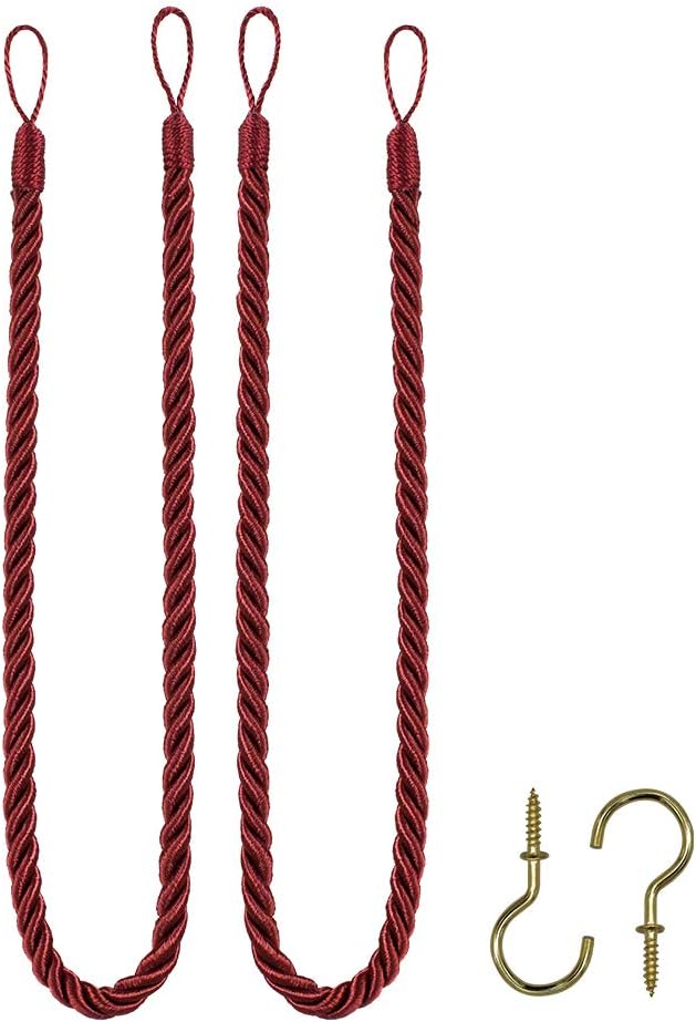 Home Queen Rope Tie Backs for Window Curtain with 2 Hooks, Hand Knitting Buckle Cord Drapery Holdbacks, Set of 2, Burgundy