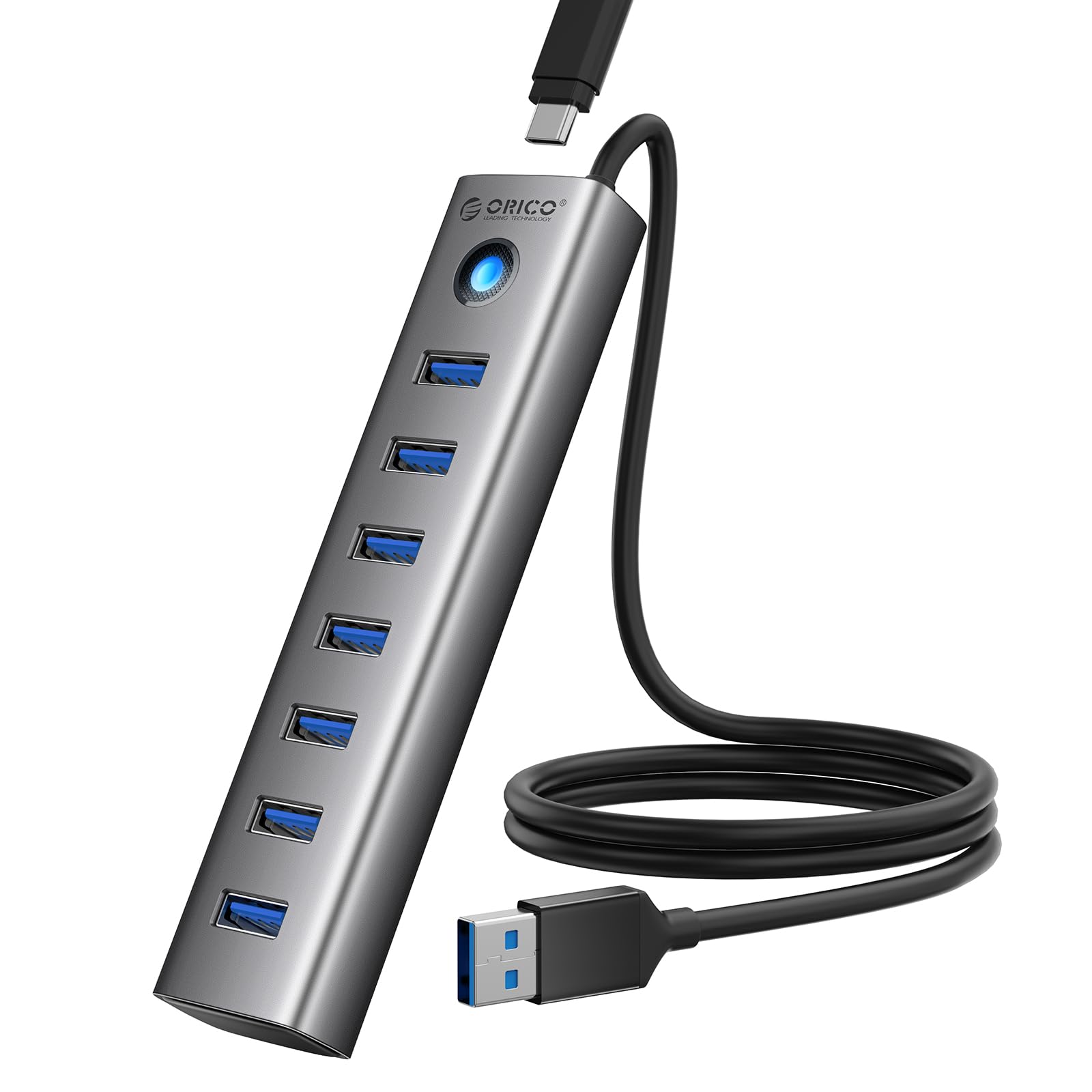 ORICO 7-Port USB 3.0 Hub, Aluminium Multiport Adapter Mit 100CM Kabel, 5Gbps Datenübertragung, 5V 3A Type-C Port, Splitter Für PC, Laptop, MacBook, PS4, Surface Pro, Mobile HDD