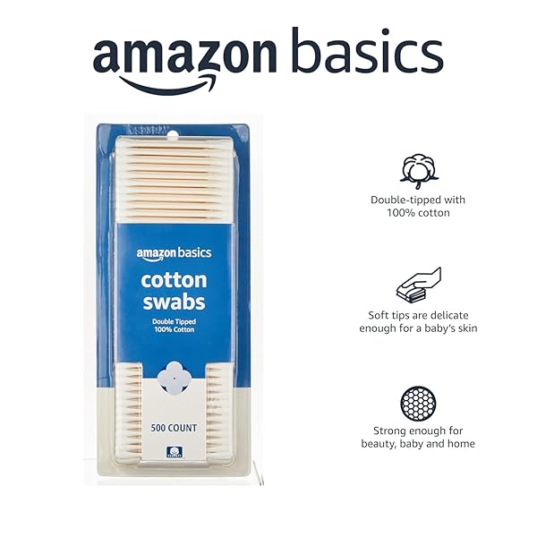 AMAZON BASICS DOUBLE-TIPPED COTTON SWABS FOR PERSONAL HYGIENE AND BABY CARE, COTTON, VERSATILE, BABY SAFE, 500 COUNT