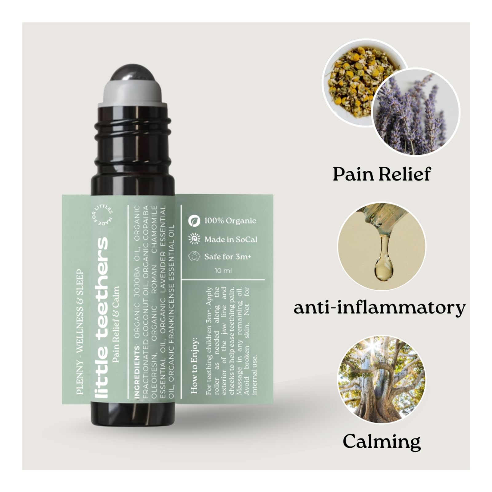 Natural Teething Relief Roller with Organic Essential Oils, 3 Months+, Made with Jojoba Oil, Chamomile, Lavender, Frankincense